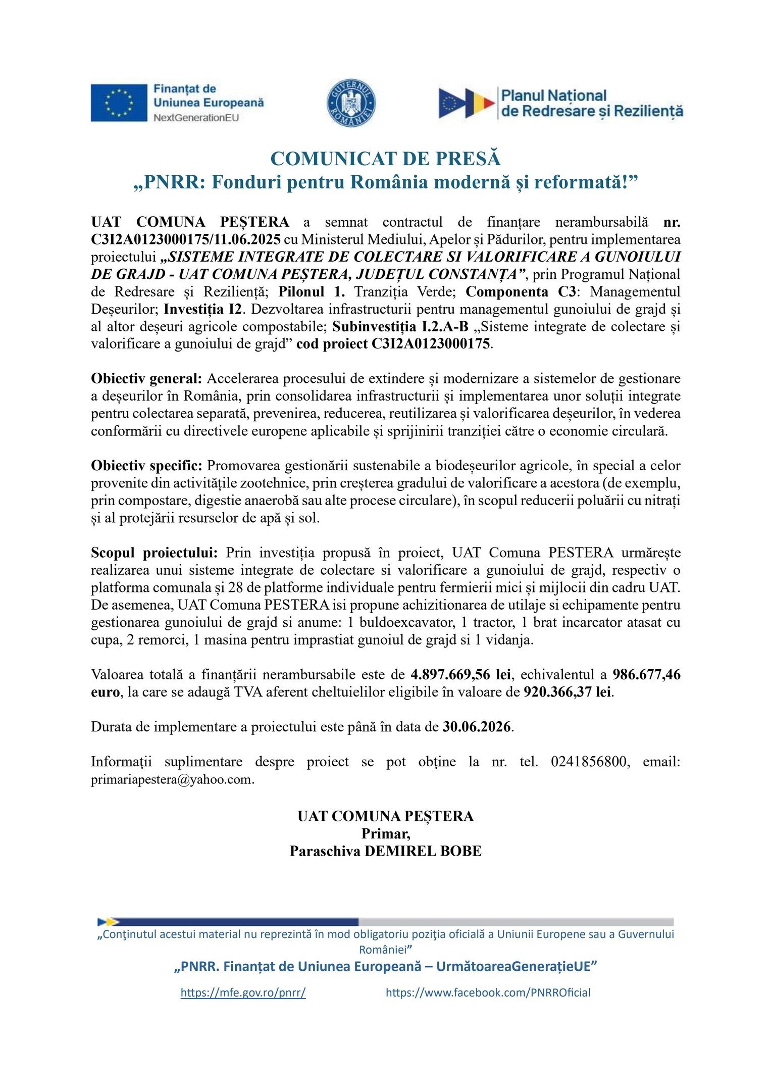 Ilustrație — Primăria Peștera - COMUNICAT DE ÎNCEPERE PROIECT - PNRR C3 - PLATFORME DE GUNOI